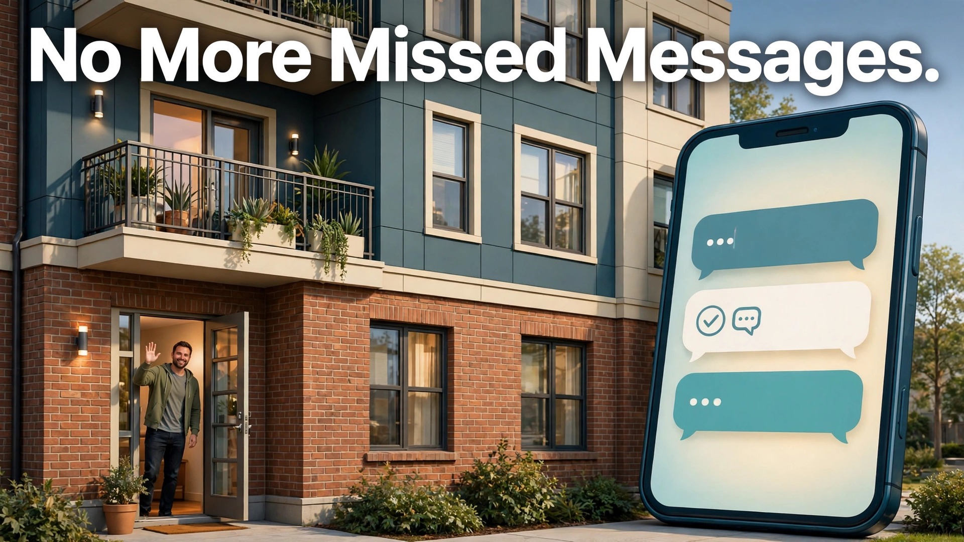 use AI for property management tenant communications thumbnail showing an apartment building with a tenant waving and a phone with message bubbles and bold hook text No More Missed Messages