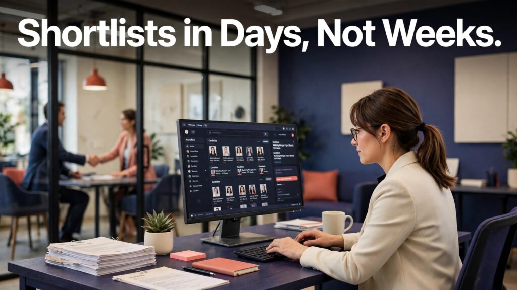 use AI for recruitment agency candidate screening thumbnail showing a recruiter reviewing candidate profiles on a screen with bold hook text Shortlists in Days Not Weeks