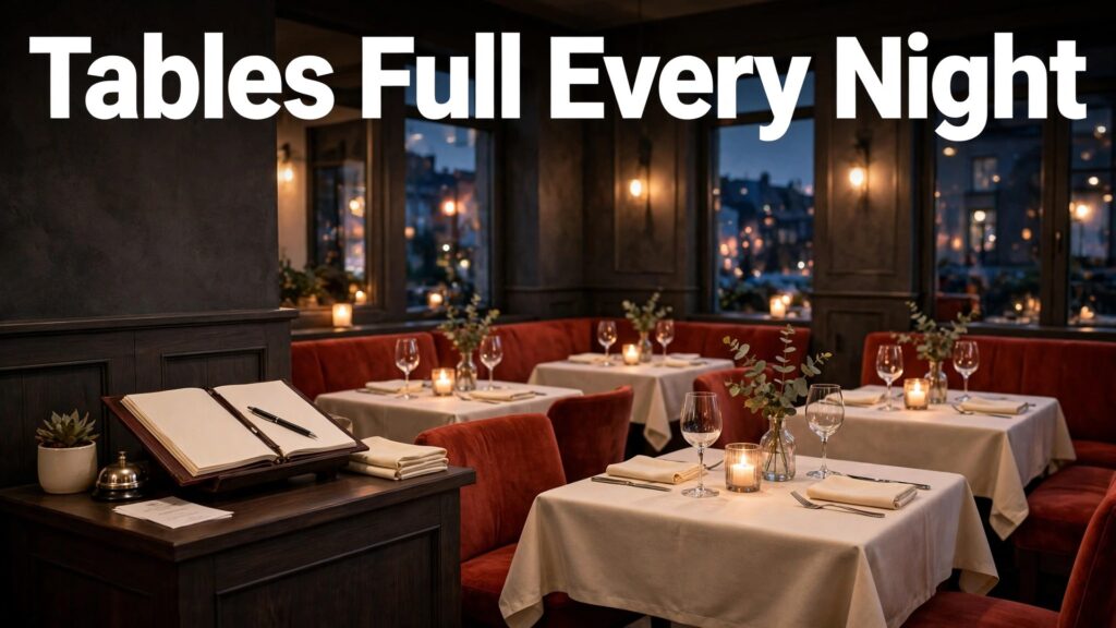 use AI for restaurant reservation management thumbnail showing a warm dining room with a reservation book at the host stand and bold hook text Tables Full Every Night