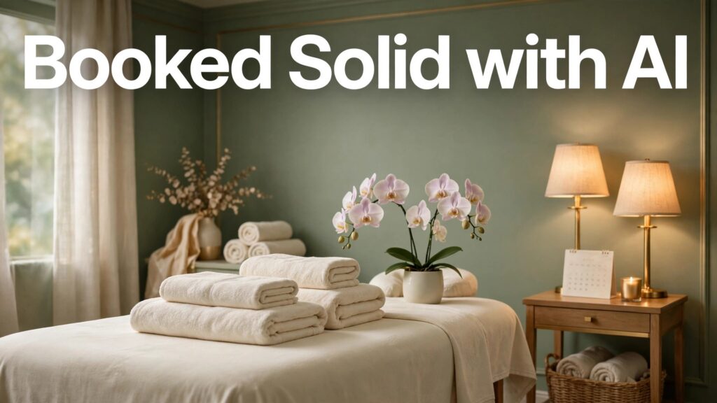 use AI for spa appointment booking thumbnail showing a calm treatment room with bold hook text Booked Solid with AI