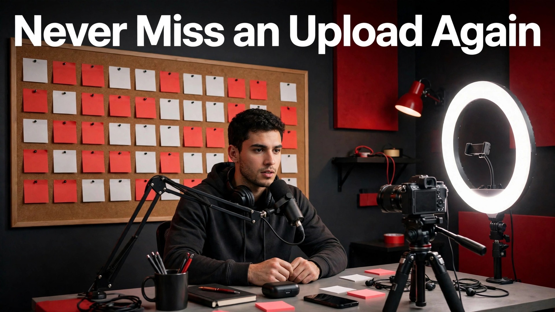 use AI for youtube channel content planning thumbnail showing a creator recording at a desk with a camera ring light and content calendar board with bold hook text Never Miss an Upload Again