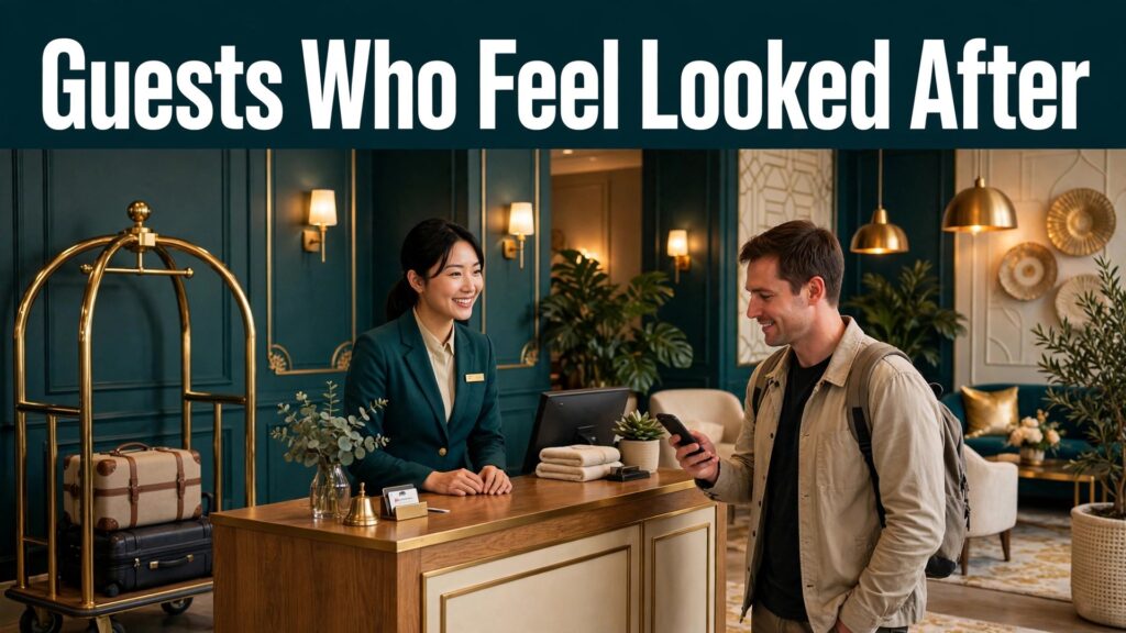 use AI for hotel guest messaging thumbnail showing a concierge welcoming a guest with a phone at the front desk with bold hook text Guests Who Feel Looked After