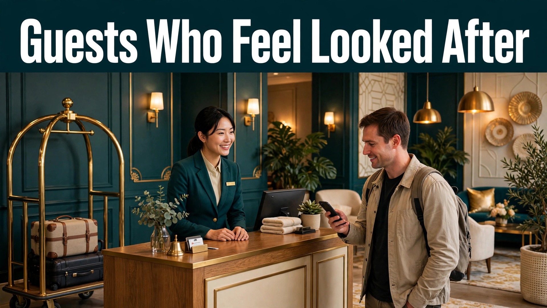 use AI for hotel guest messaging thumbnail showing a concierge welcoming a guest with a phone at the front desk with bold hook text Guests Who Feel Looked After