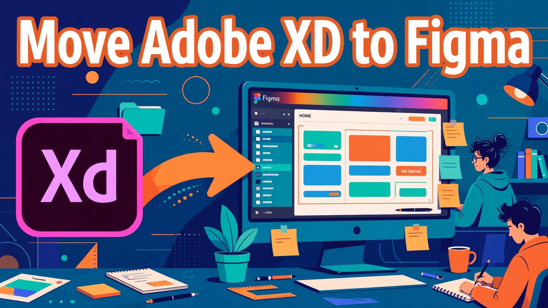 migrate Adobe XD to Figma design team thumbnail showing an Xd icon arrow to a Figma design screen with bold hook text Move Adobe XD to Figma
