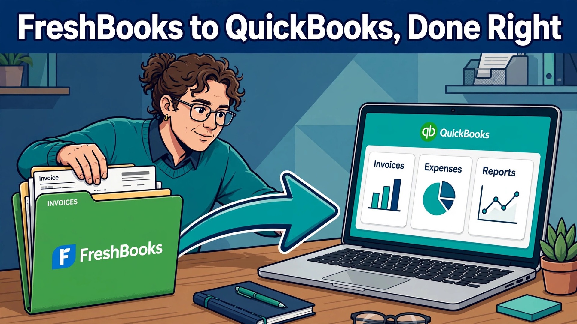migrate FreshBooks to QuickBooks Online small business thumbnail showing a FreshBooks invoice folder arrow to a QuickBooks laptop with bold hook text Done Right