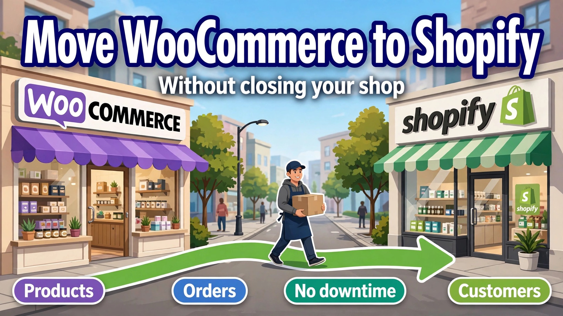 migrate WooCommerce to Shopify small store thumbnail showing a WooCommerce shopfront arrow to a Shopify storefront with bold hook text Without Closing Your Shop