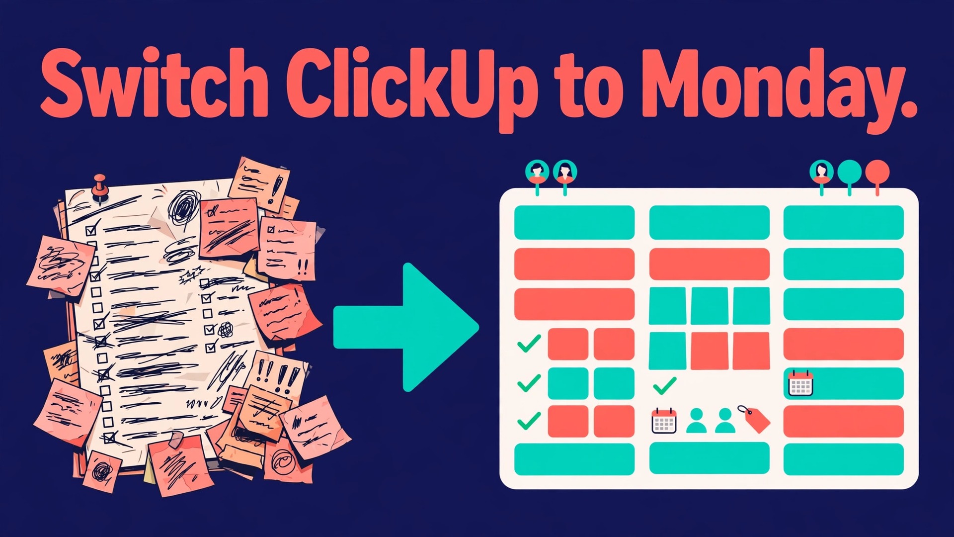 switch ClickUp to Monday marketing team thumbnail showing messy notes arrow to a tidy Monday board with bold hook text Switch ClickUp to Monday