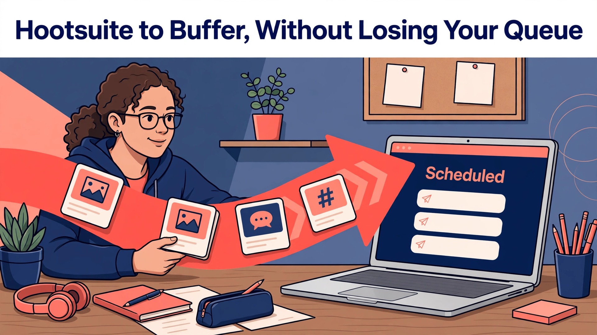 switch Hootsuite to Buffer social team thumbnail showing scheduled posts arrow to a Buffer queue laptop with bold hook text Without Losing Your Queue