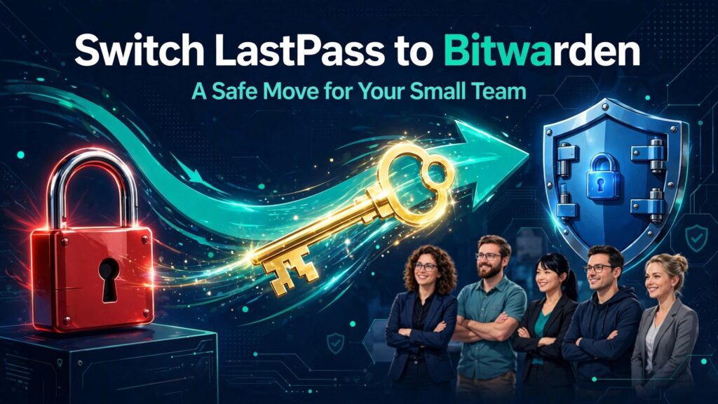 switch LastPass to Bitwarden small team thumbnail showing a red padlock key flying toward a blue shield vault with bold hook text A Safe Move for Your Small Team