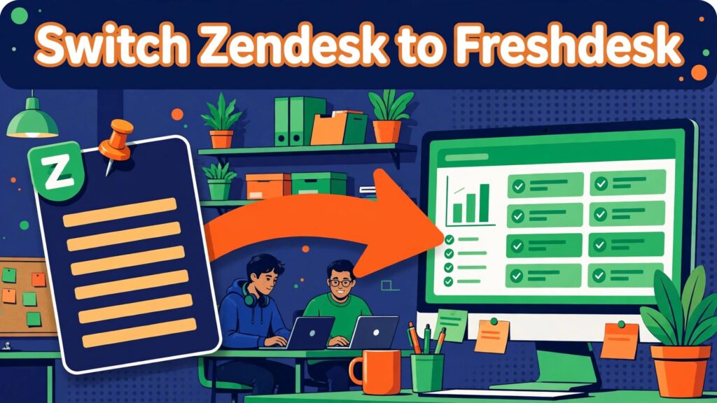switch Zendesk to Freshdesk support team thumbnail showing a Zendesk ticket note arrow to a Freshdesk dashboard with bold hook text Switch Zendesk to Freshdesk