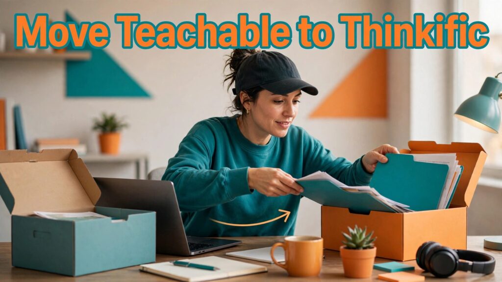 migrate Teachable to Thinkific course creators thumbnail showing course boxes moving to a new desk with bold hook text Move Teachable to Thinkific