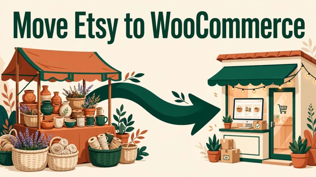 migrate Etsy to WooCommerce handmade sellers thumbnail showing a craft stall arrow to a WooCommerce shopfront with bold hook text Move Etsy to WooCommerce