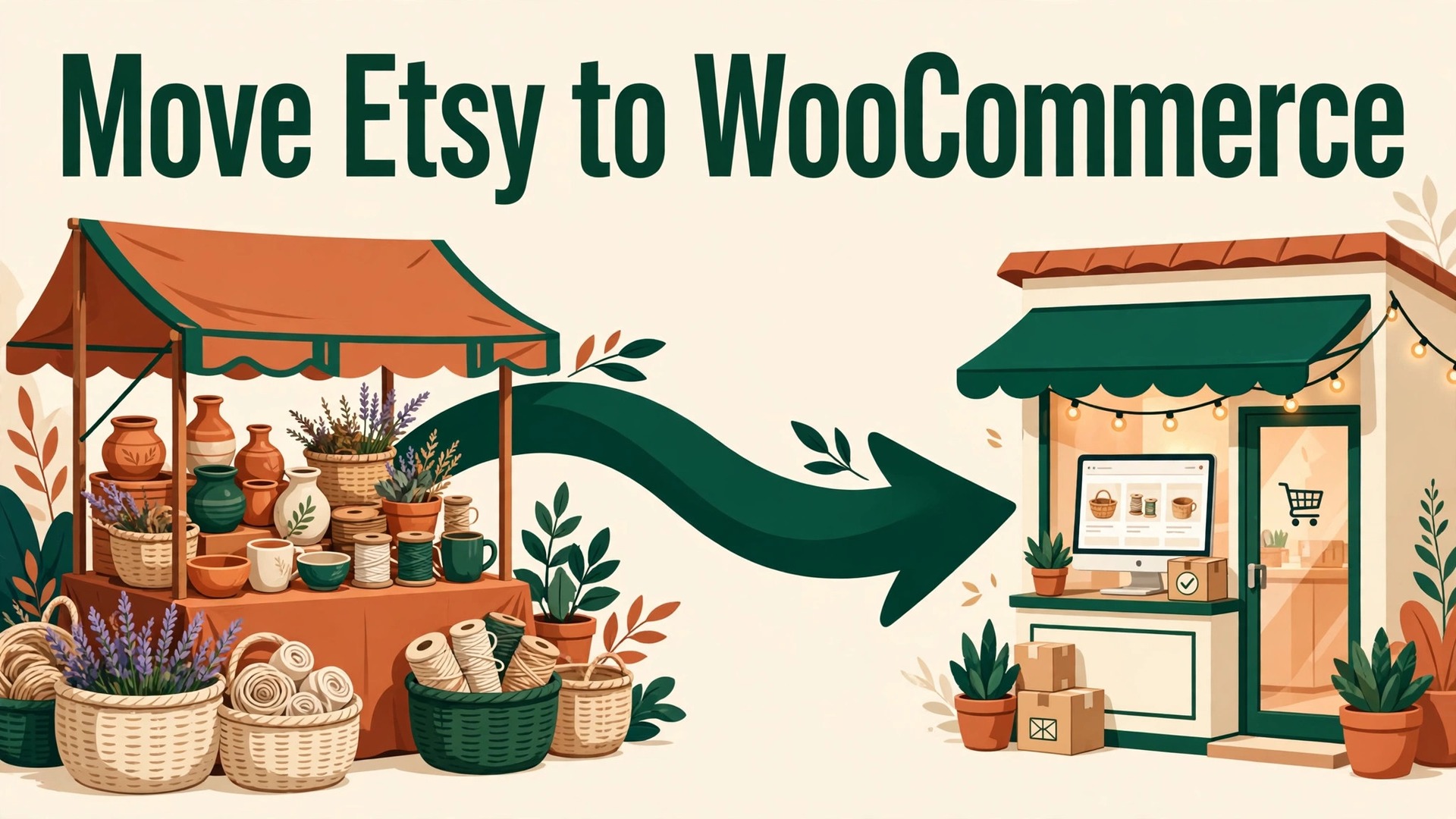 migrate Etsy to WooCommerce handmade sellers thumbnail showing a craft stall arrow to a WooCommerce shopfront with bold hook text Move Etsy to WooCommerce