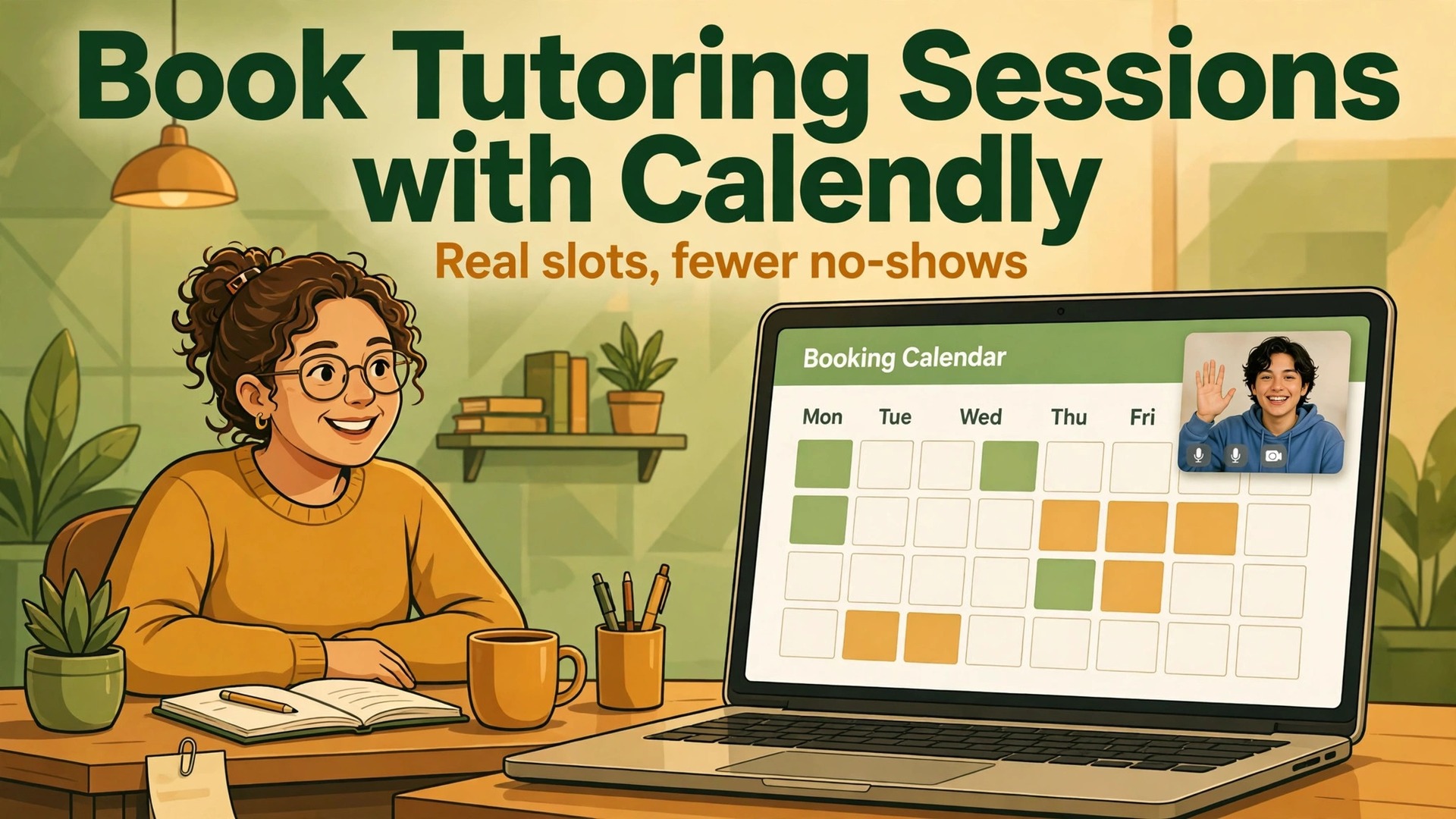 use Calendly for tutoring session booking tutors thumbnail showing a tutor beside a booking calendar laptop and bold title text Book Tutoring Sessions with Calendly Real slots, fewer no-shows