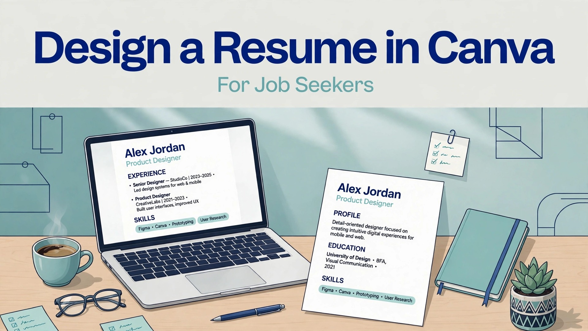 use Canva for resume design job seekers thumbnail showing a resume on a laptop and printed page on a desk and bold title text Design a Resume in Canva For Job Seekers