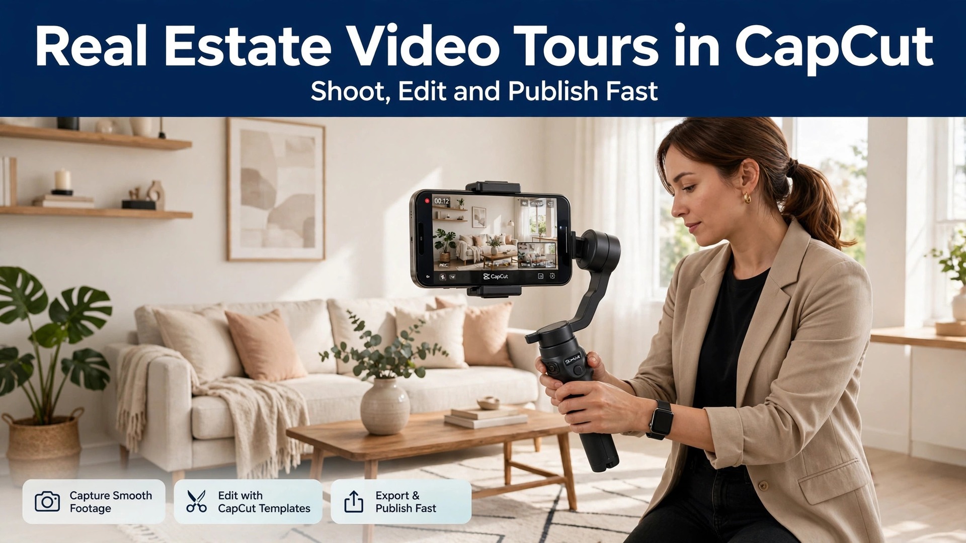 use CapCut for real estate video tours agents thumbnail showing an agent filming a home tour on a gimbal phone and bold title text Real Estate Video Tours in CapCut Shoot, Edit and Publish Fast