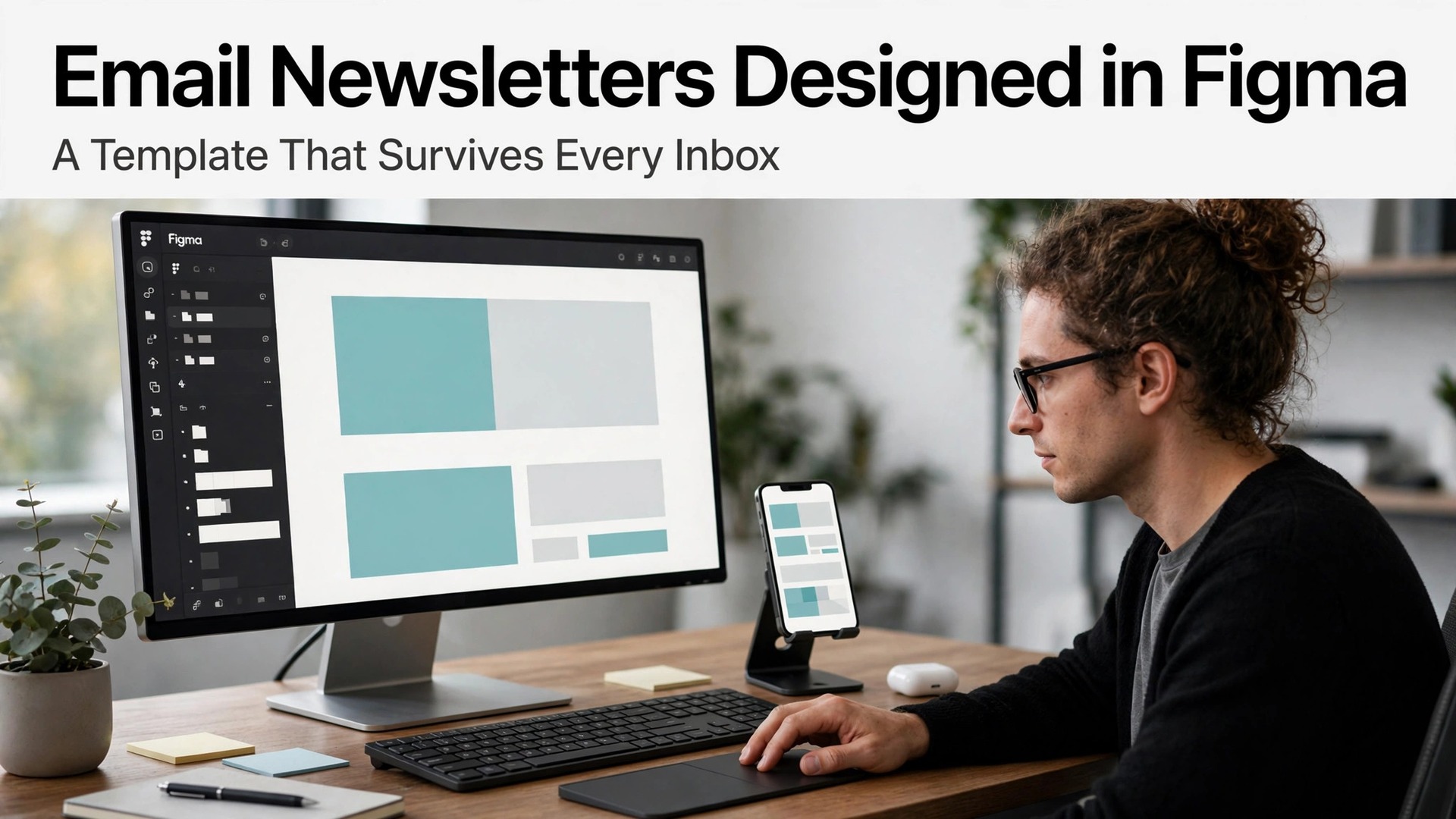 use Figma for email newsletter design marketers thumbnail showing a designer at a Figma newsletter layout on screen and bold title text Email Newsletters Designed in Figma A Template That Survives Every Inbox