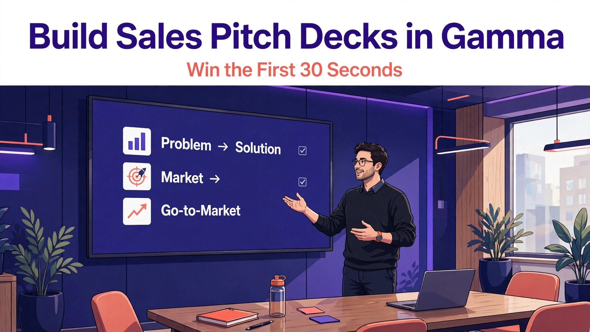 use Gamma for sales pitch decks startups thumbnail showing a founder presenting a pitch deck on a screen and bold title text Build Sales Pitch Decks in Gamma Win the First 30 Seconds