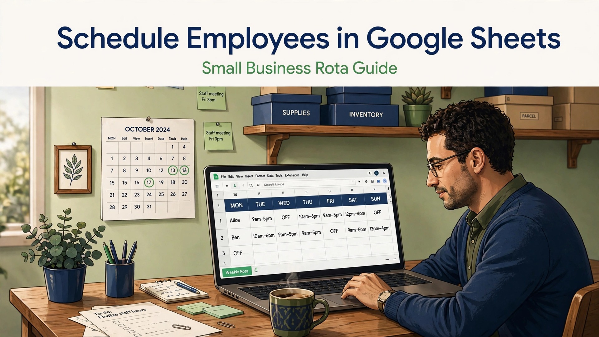 use Google Sheets for employee scheduling small business thumbnail showing a manager at a rota spreadsheet on a laptop and bold title text Schedule Employees in Google Sheets Small Business Rota Guide