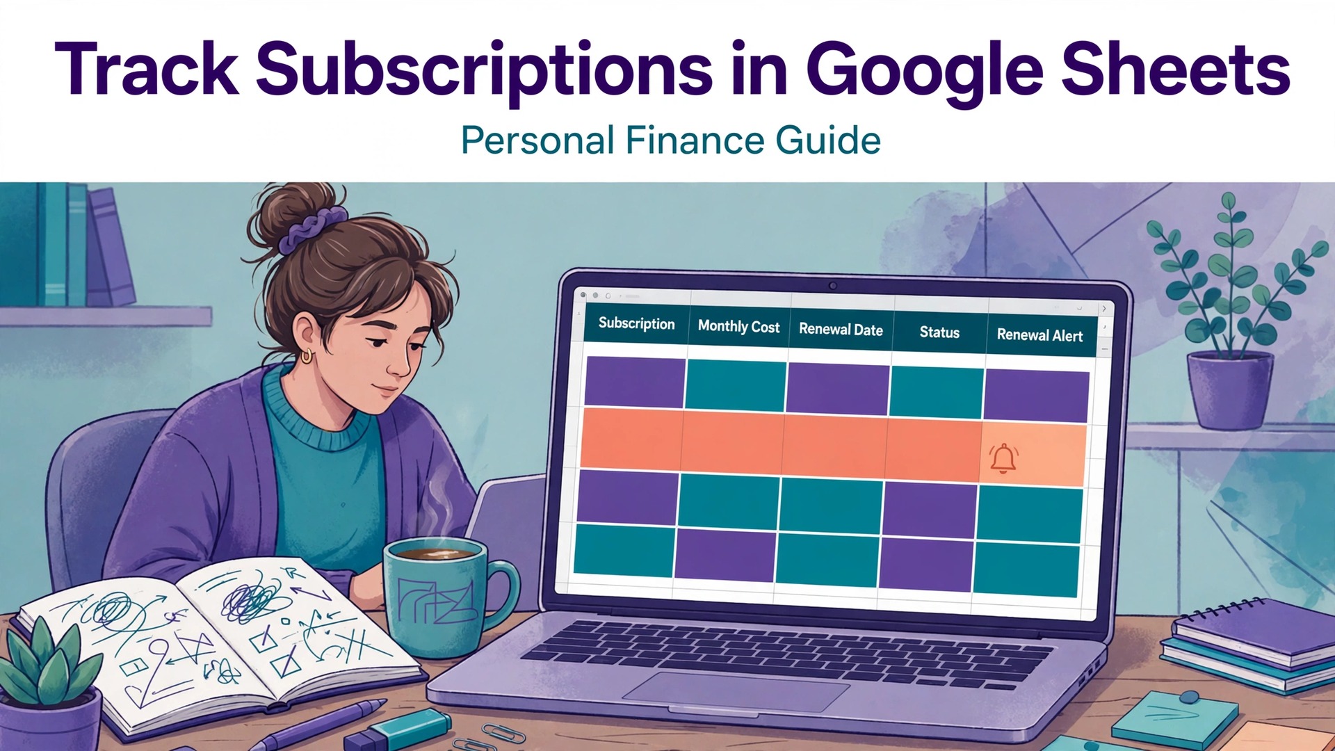 use Google Sheets for subscription tracking personal finance thumbnail showing a subscription tracker spreadsheet on a laptop and bold title text Track Subscriptions in Google Sheets Personal Finance Guide