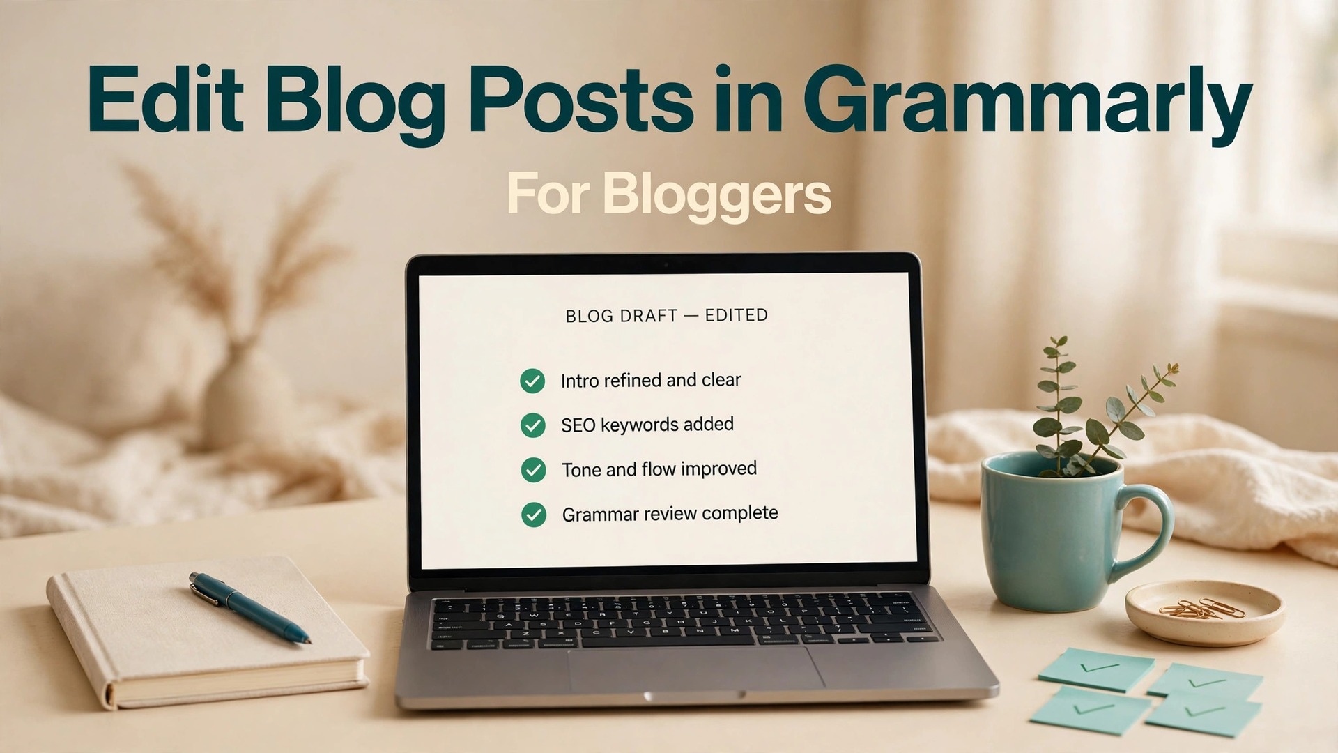 use Grammarly for blog post editing bloggers thumbnail showing a laptop with an edited blog draft checklist and bold title text Edit Blog Posts in Grammarly For Bloggers