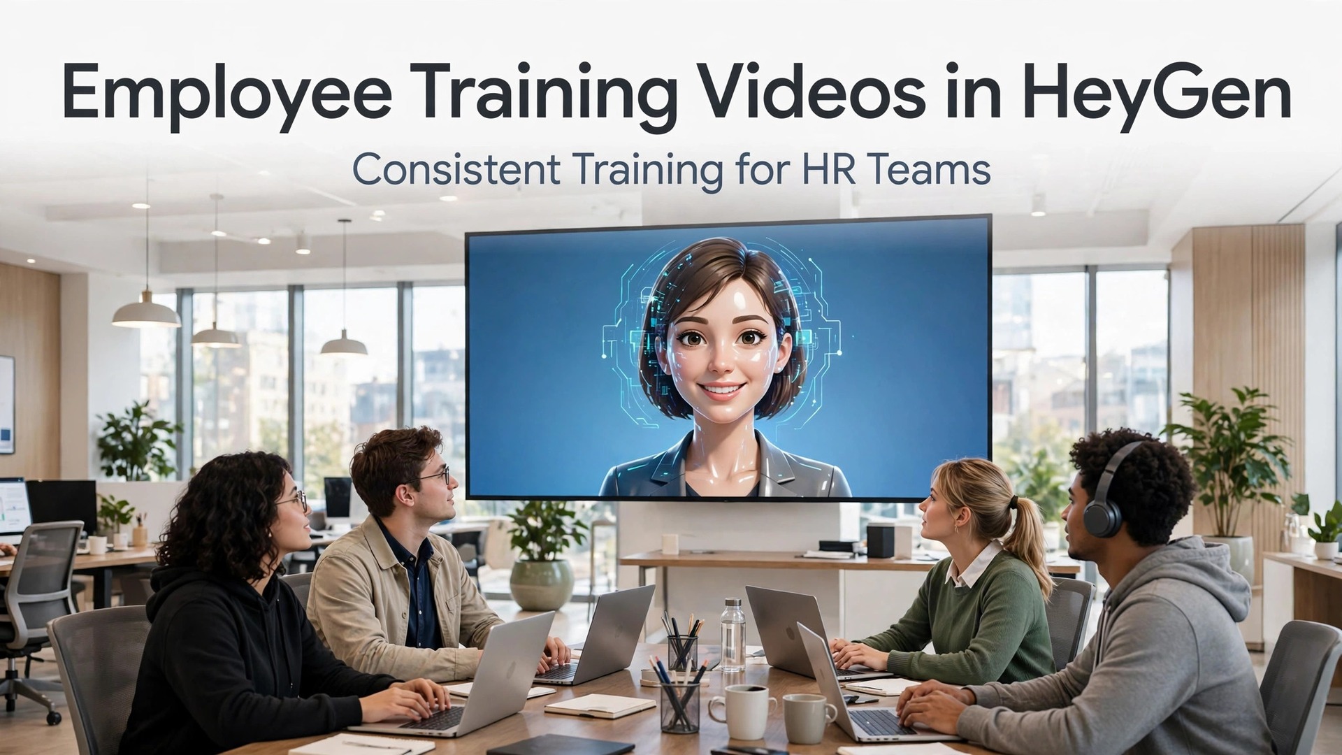 use HeyGen for employee training videos HR teams thumbnail showing a team watching an AI presenter training video and bold title text Employee Training Videos in HeyGen Consistent Training for HR Teams