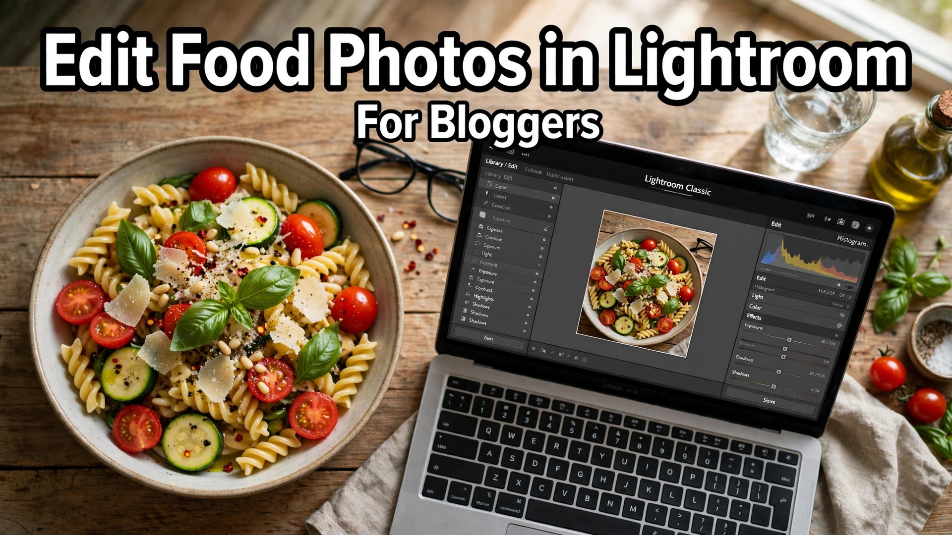 use Lightroom for food photo editing bloggers thumbnail showing a pasta dish beside a Lightroom editing laptop and bold title text Edit Food Photos in Lightroom For Bloggers