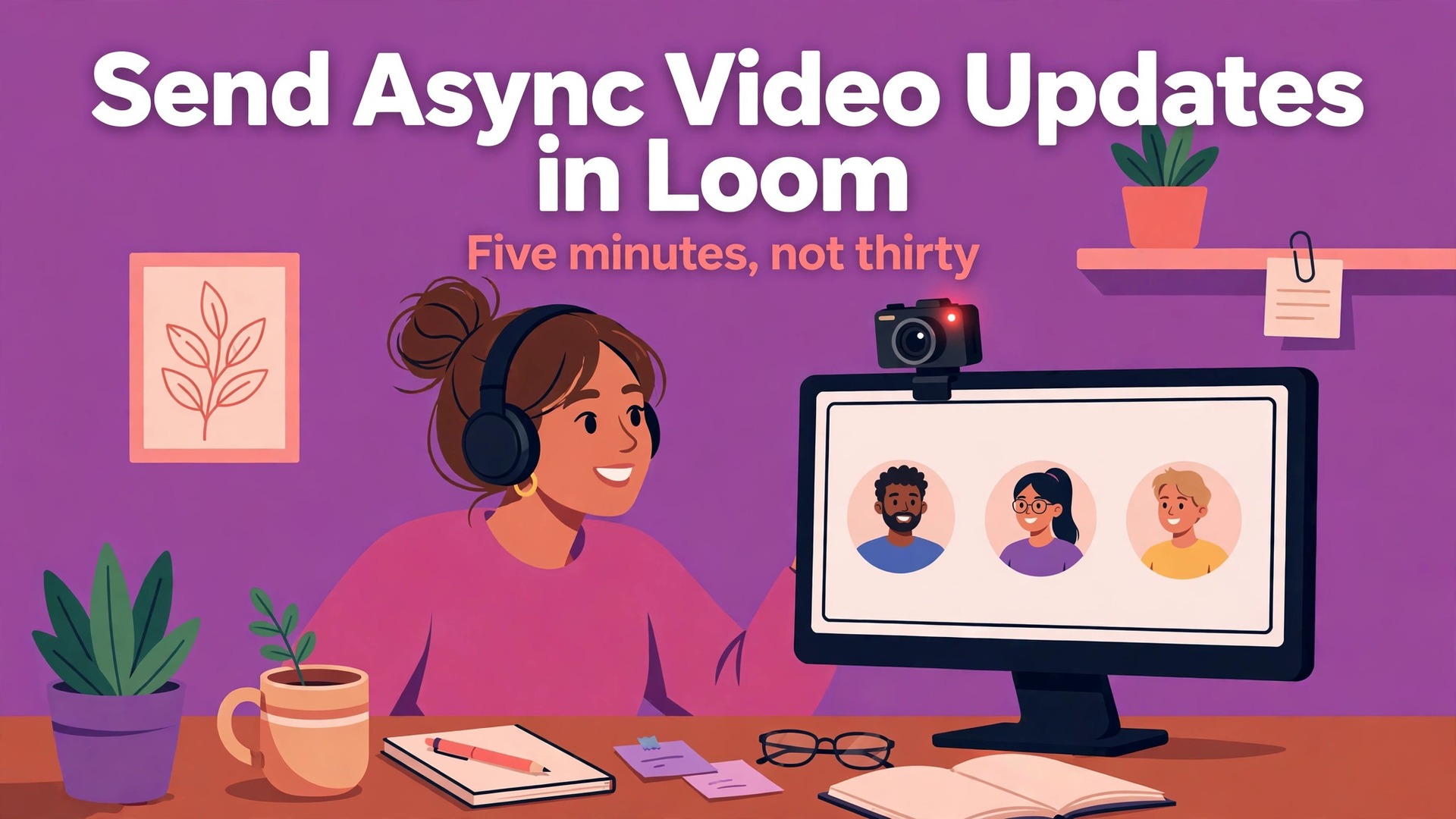 use Loom for async video updates remote teams thumbnail showing a woman recording a video update for remote teammates and bold title text Send Async Video Updates in Loom Five minutes, not thirty