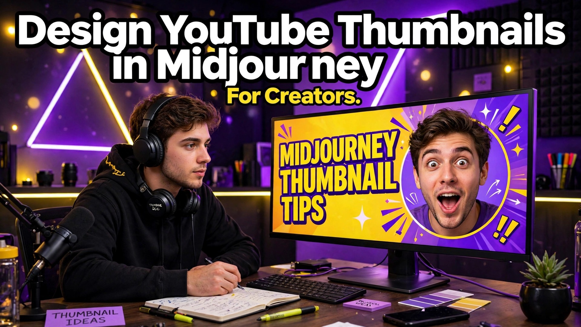 use Midjourney for YouTube thumbnail design creators thumbnail showing a creator at a desk with a bold YouTube thumbnail on screen and bold title text Design YouTube Thumbnails in Midjourney For Creators