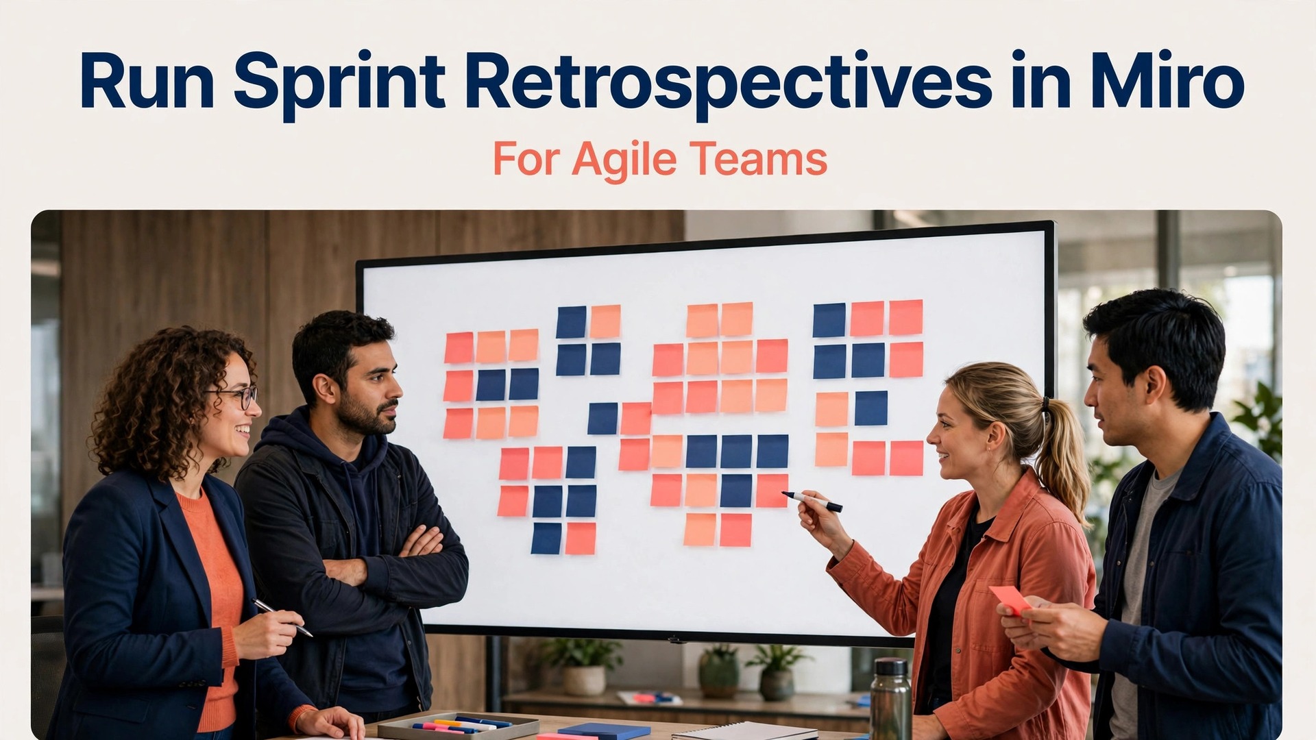 use Miro for sprint retrospectives agile teams thumbnail showing an agile team at a sticky-note retrospective board and bold title text Run Sprint Retrospectives in Miro For Agile Teams
