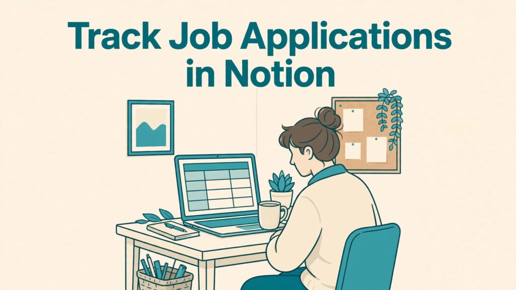 use Notion for job application tracking job seekers thumbnail showing a job seeker at a desk with a Notion tracker on a laptop and bold title text Track Job Applications in Notion