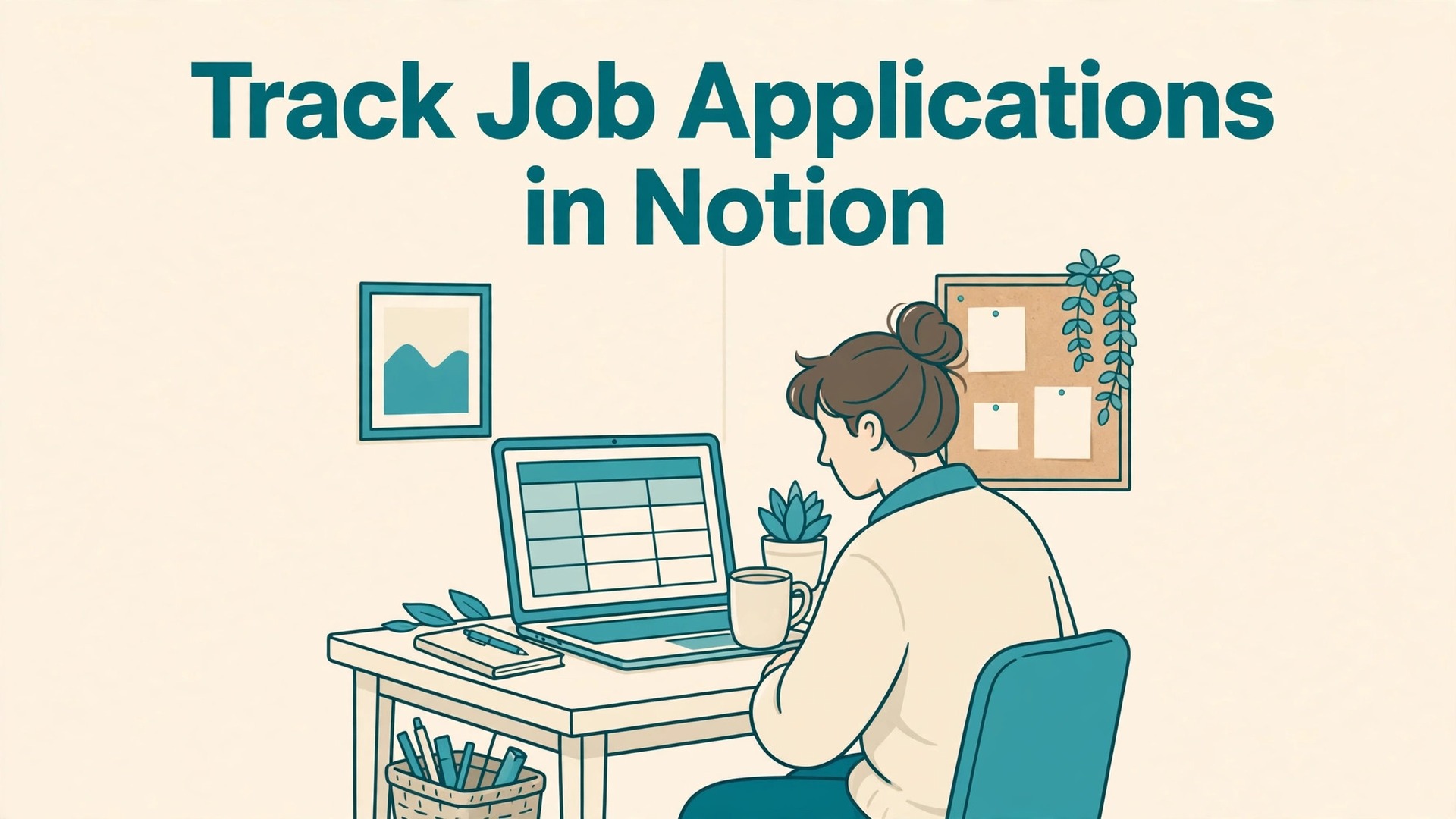 use Notion for job application tracking job seekers thumbnail showing a job seeker at a desk with a Notion tracker on a laptop and bold title text Track Job Applications in Notion