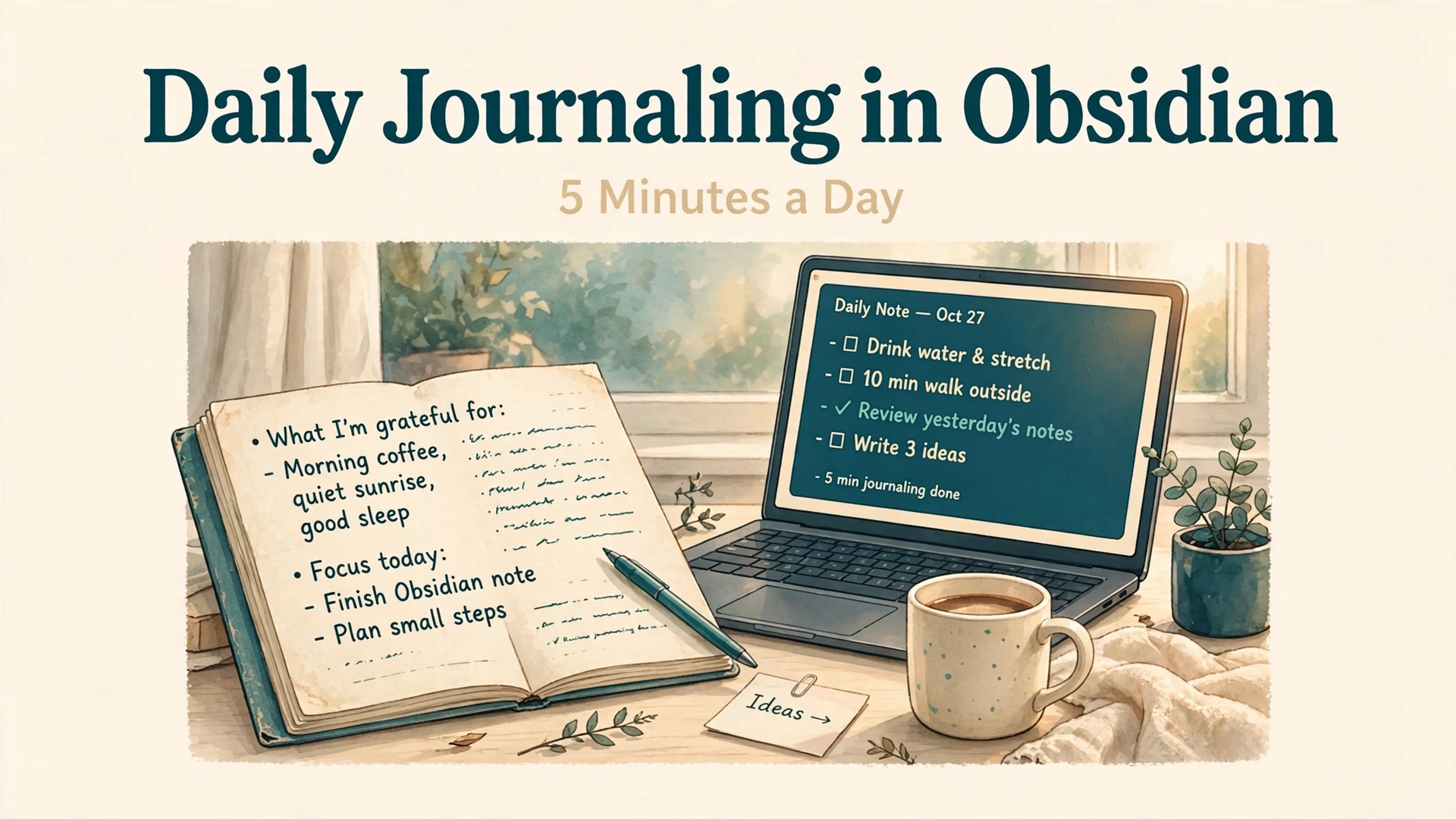 use Obsidian for daily journaling beginners thumbnail showing a journal and laptop daily note on a desk and bold title text Daily Journaling in Obsidian 5 Minutes a Day