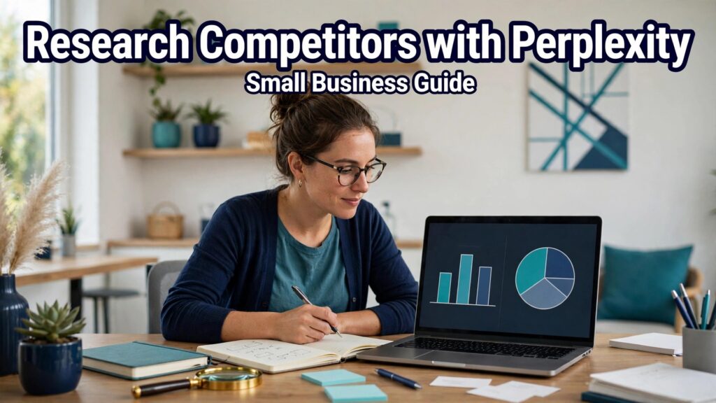 use Perplexity for competitor research small business thumbnail showing a researcher with charts on a laptop and bold title text Research Competitors with Perplexity Small Business Guide