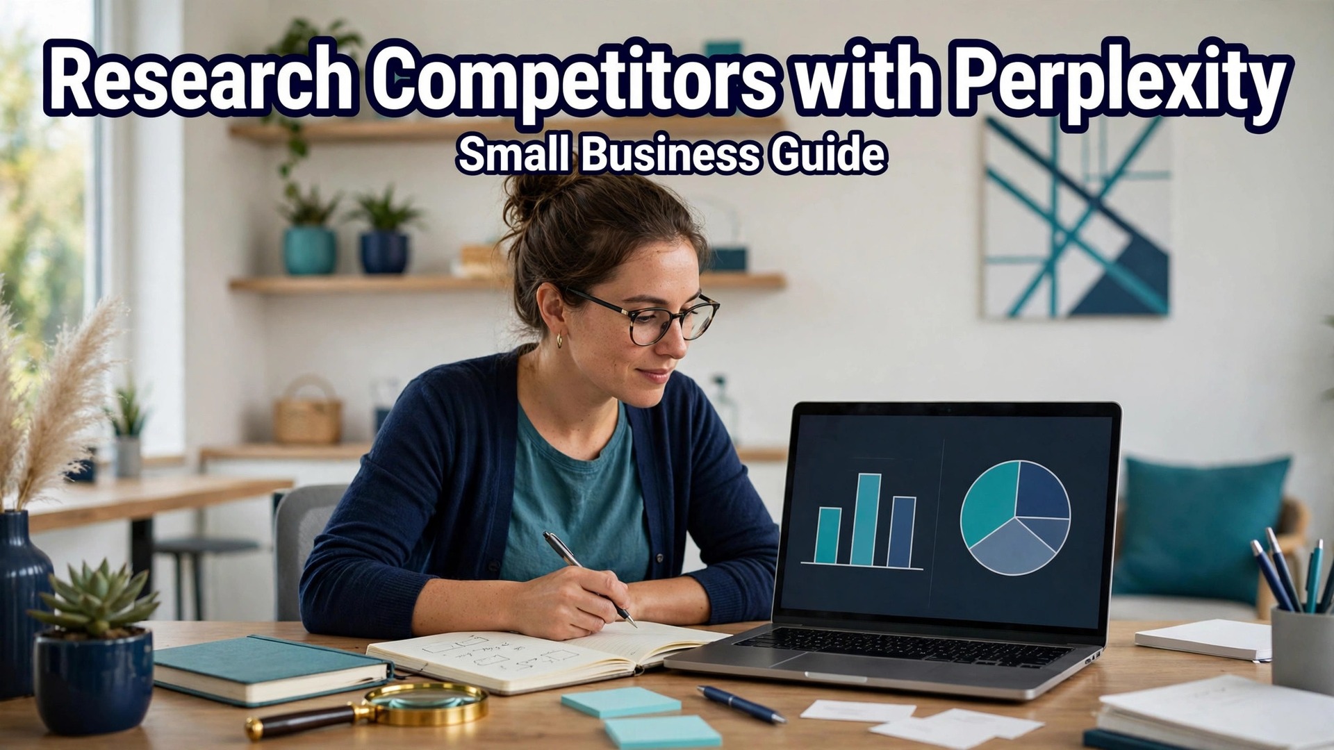 use Perplexity for competitor research small business thumbnail showing a researcher with charts on a laptop and bold title text Research Competitors with Perplexity Small Business Guide