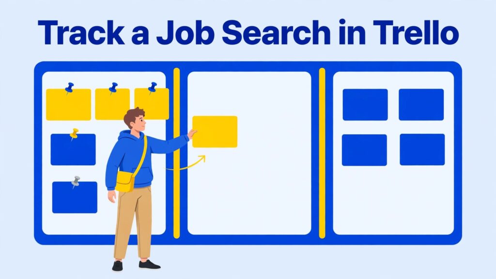 use Trello for job search tracking job seekers thumbnail showing a person moving cards on a blue Trello board and bold title text Track a Job Search in Trello