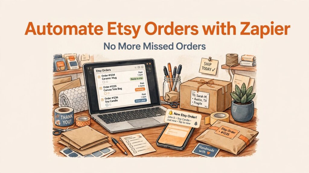 use Zapier for Etsy order automation sellers thumbnail showing an Etsy orders laptop beside packed parcels and bold title text Automate Etsy Orders with Zapier No More Missed Orders