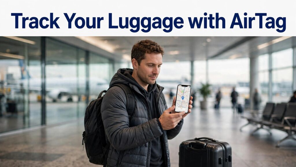 set up AirTag for luggage tracking thumbnail showing a traveler at an airport checking a luggage location on a phone and bold title text Track Your Luggage with AirTag