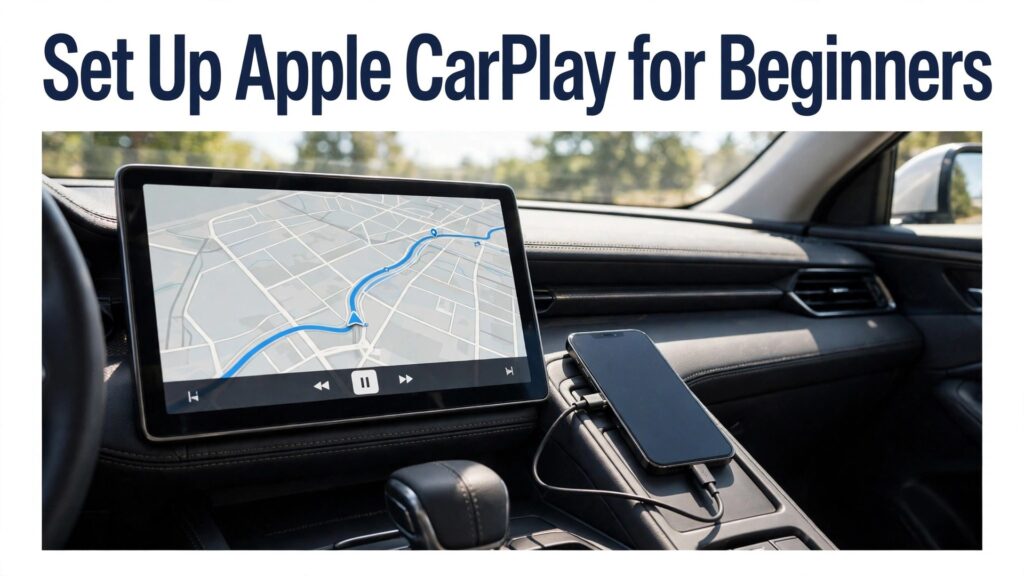 set up Apple CarPlay for beginners thumbnail showing a car dashboard with a navigation map on screen and bold title text Set Up Apple CarPlay for Beginners