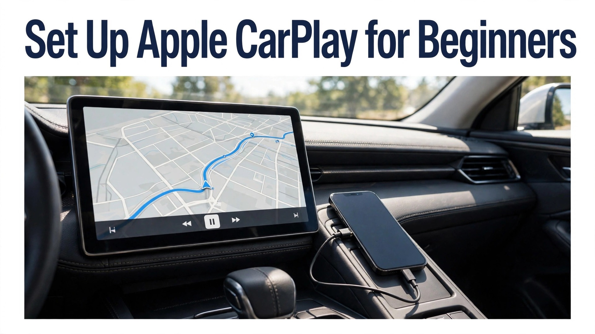set up Apple CarPlay for beginners thumbnail showing a car dashboard with a navigation map on screen and bold title text Set Up Apple CarPlay for Beginners