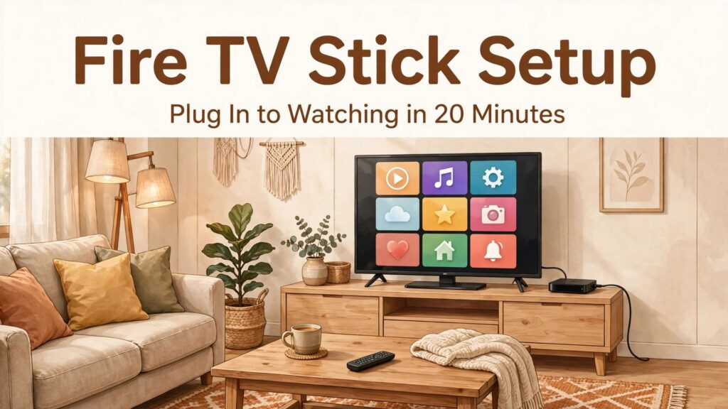 set up Fire TV Stick for streaming beginners thumbnail showing a cozy living room TV with streaming apps and bold title text Fire TV Stick Setup Plug In to Watching in 20 Minutes