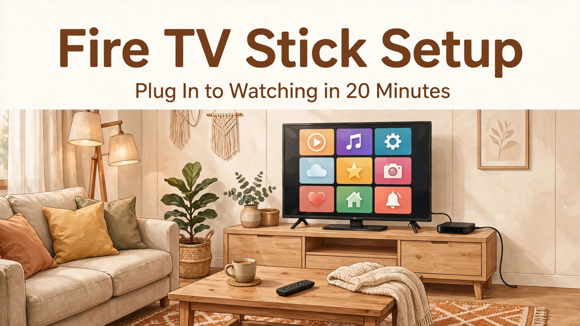 set up Fire TV Stick for streaming beginners thumbnail showing a cozy living room TV with streaming apps and bold title text Fire TV Stick Setup Plug In to Watching in 20 Minutes
