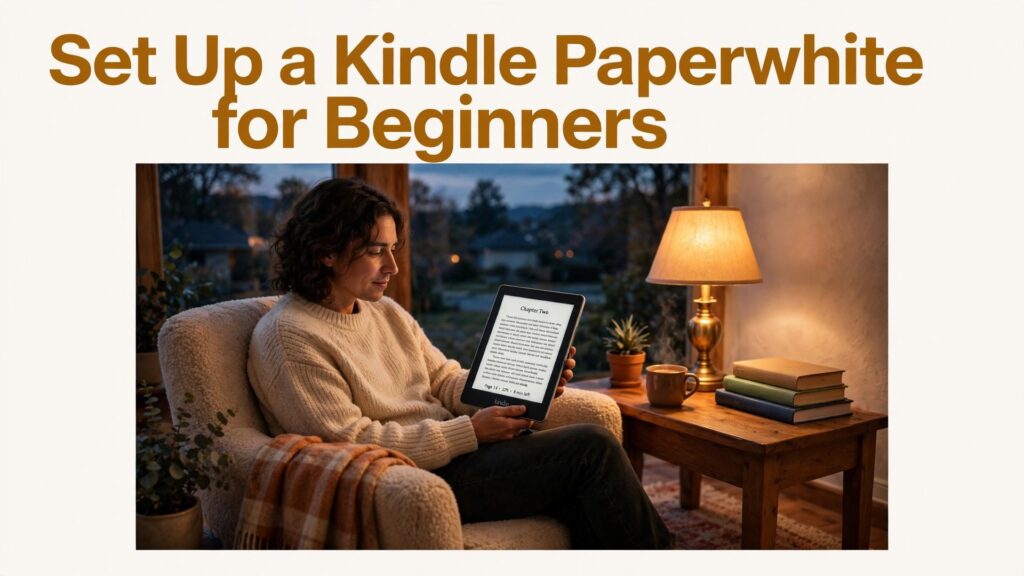 set up Kindle Paperwhite for beginners thumbnail showing a person reading an e-reader in an evening chair and bold title text Set Up a Kindle Paperwhite for Beginners