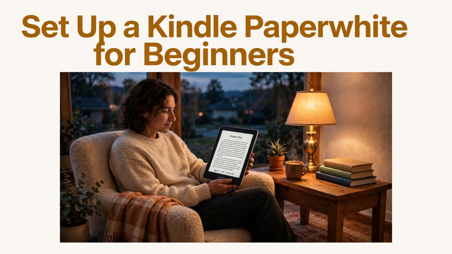set up Kindle Paperwhite for beginners thumbnail showing a person reading an e-reader in an evening chair and bold title text Set Up a Kindle Paperwhite for Beginners
