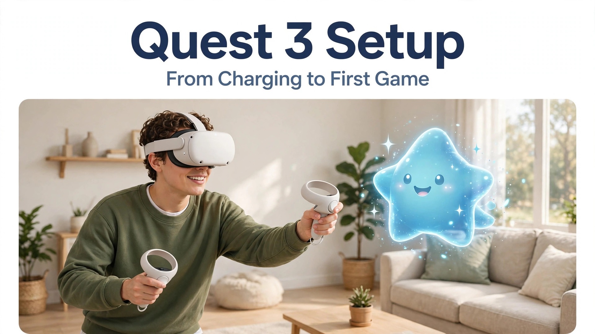 set up Meta Quest 3 for beginners thumbnail showing a person wearing a VR headset reaching for a virtual star and bold title text Quest 3 Setup From Charging to First Game
