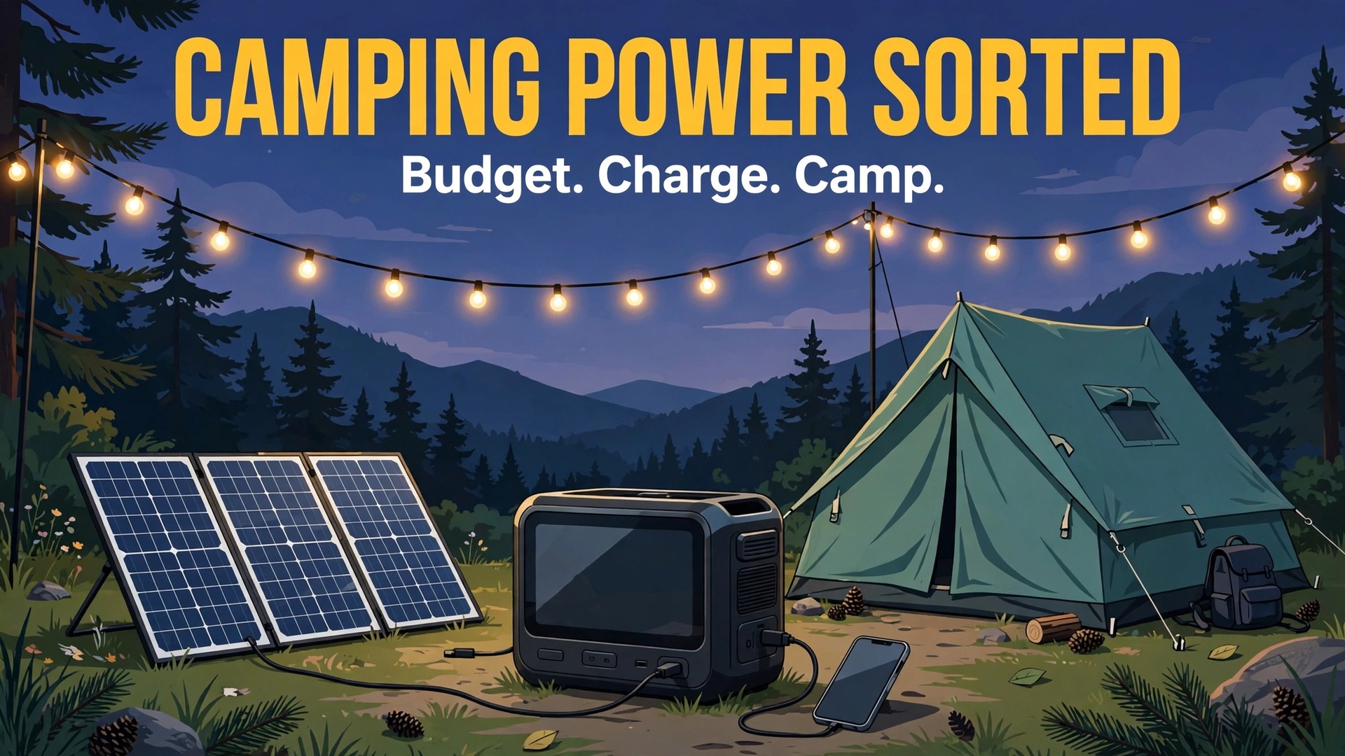 set up portable power station for camping thumbnail showing a power station with solar panels beside a tent at night and bold title text CAMPING POWER SORTED Budget. Charge. Camp