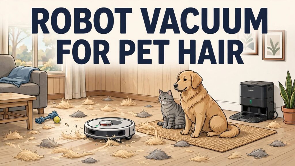 set up robot vacuum for pet hair thumbnail showing a robot vacuum cleaning pet hair while a dog and cat watch and bold title text ROBOT VACUUM FOR PET HAIR
