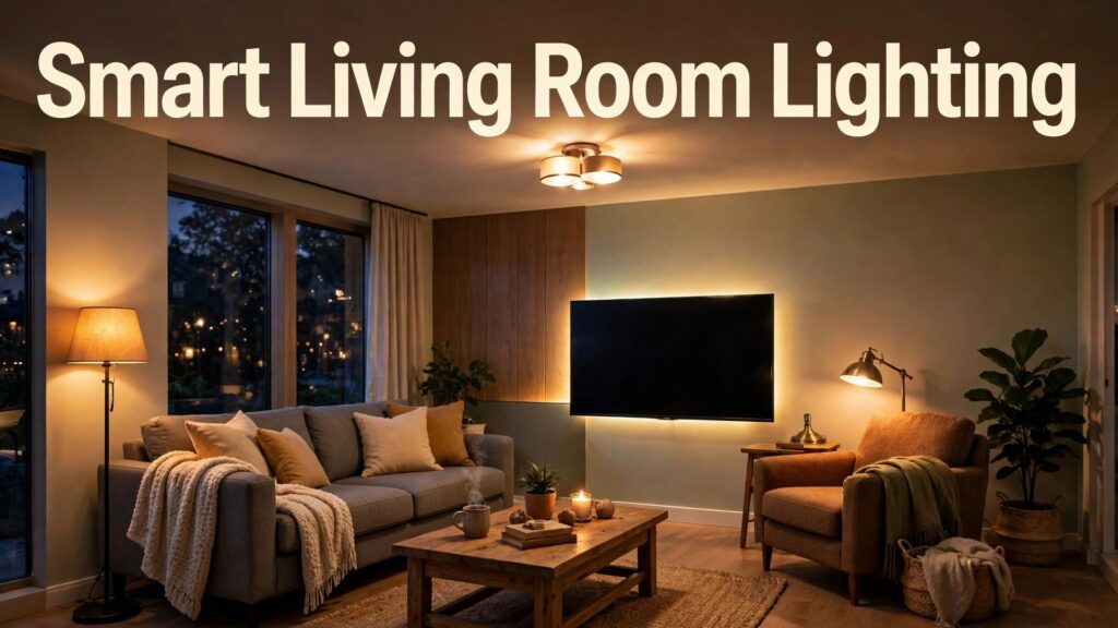 set up smart lights for living room thumbnail showing a warmly lit evening living room with lamps and TV backlight and bold title text Smart Living Room Lighting