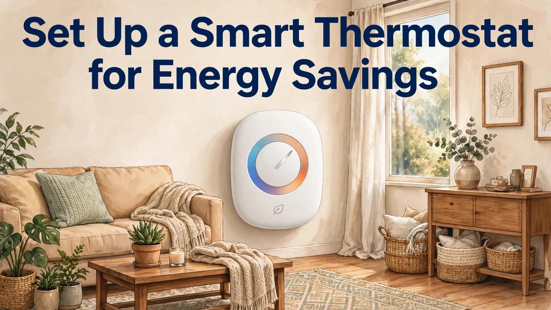 set up smart thermostat for energy savings thumbnail showing a round thermostat on a living room wall and bold title text Set Up a Smart Thermostat for Energy Savings