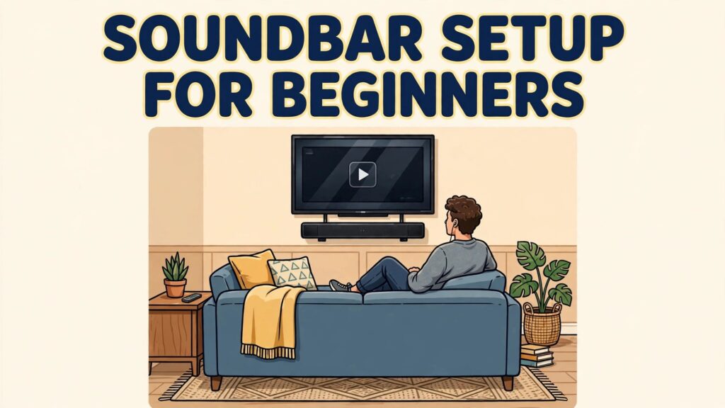 set up soundbar for TV beginners thumbnail showing a person on a sofa watching TV with a soundbar below it and bold title text SOUNDBAR SETUP FOR BEGINNERS
